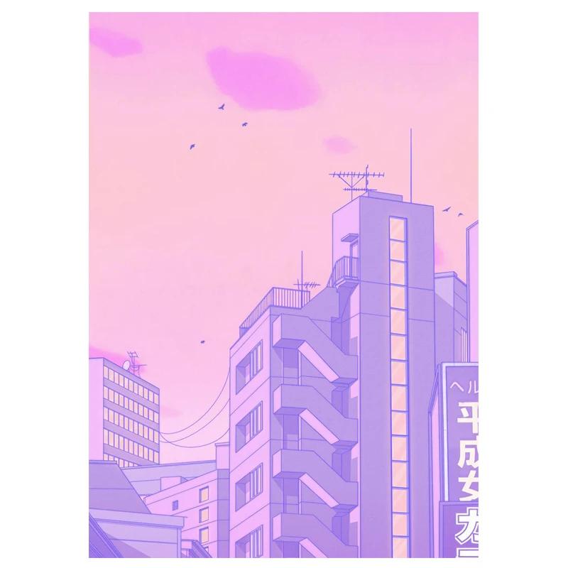 80s Vaporwave Style Wall Art Poster City Night Street Cat Canvas Painting Print Home Decoration Kawaii Room Decor Canvas Picture