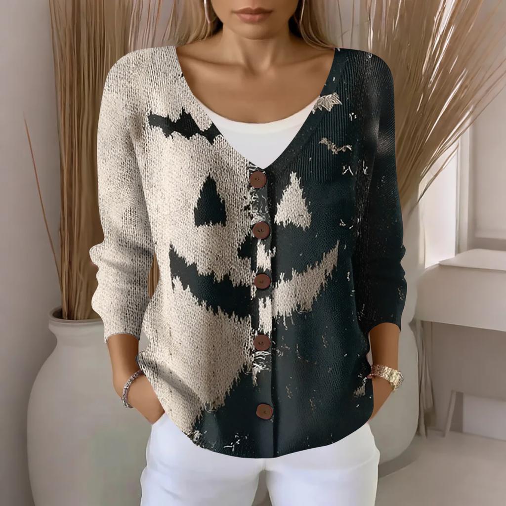 Women's Fashion Casual Knit Sweater Button-Up Halloween Printed  Cardigan Jacket