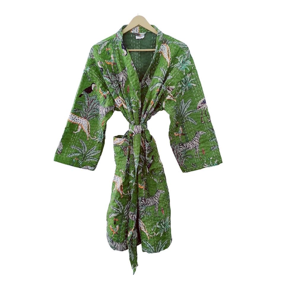 Pranipat Handicrafts Cotton Animal Print Lightweight Open Front Mid Length Hippie Women Kantha Jacket, Free Size