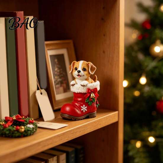Dog Lover Christmas Gifts Puppy in Santa Boot Resin Figurine, Cute Holiday Tabletop Decor with Boots Figurine Bow Bell Holly, Festive Home Shelf