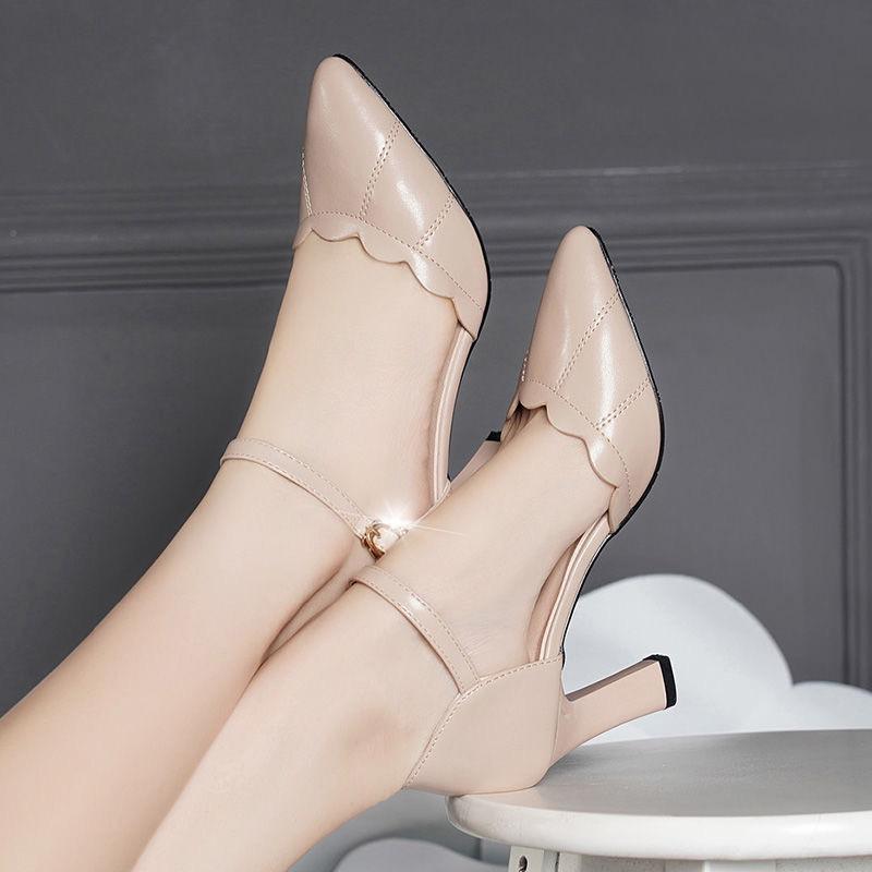 Fashion 2024 High-heeled Solid Color Sandals Female Fairy Style Summer New Baotou One-word Buckle Thick Heel Ladies Comfortable Shoes