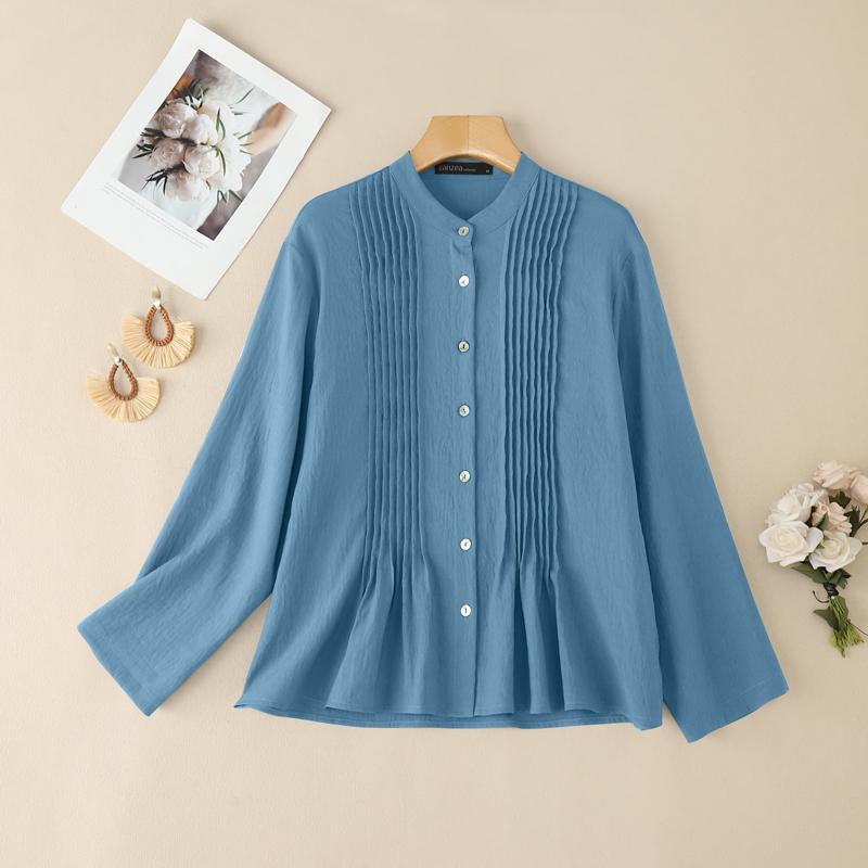 

ZANZEA Женская повседневная однотонная блузка с круглым вырезом и длинным рукавом 5XL