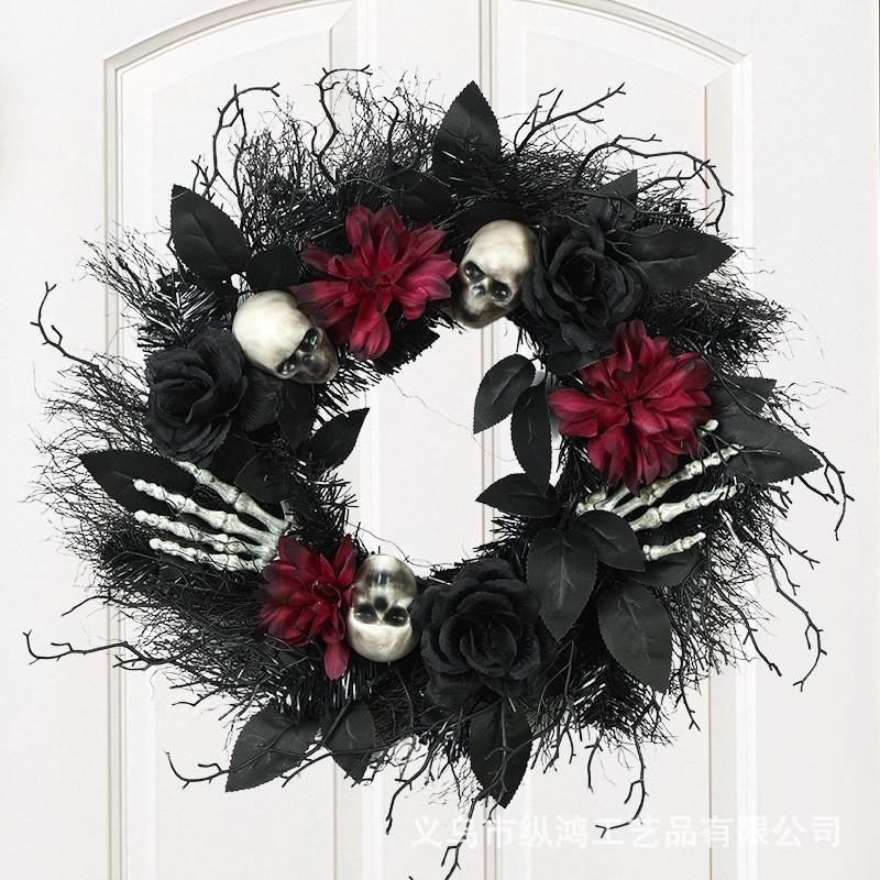 Halloween Wreath Decor With Dried Branches Rose Motif - Plastic Hanging Ornament Party Home Door Decoration