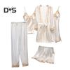 5 Pcs/Set Women Pajamas Set Nightgown Nightdress Top Shorts Pants Set Silky Satin Lace Patchwork Loose Lace-up Waist Thin Women Homewear Set
