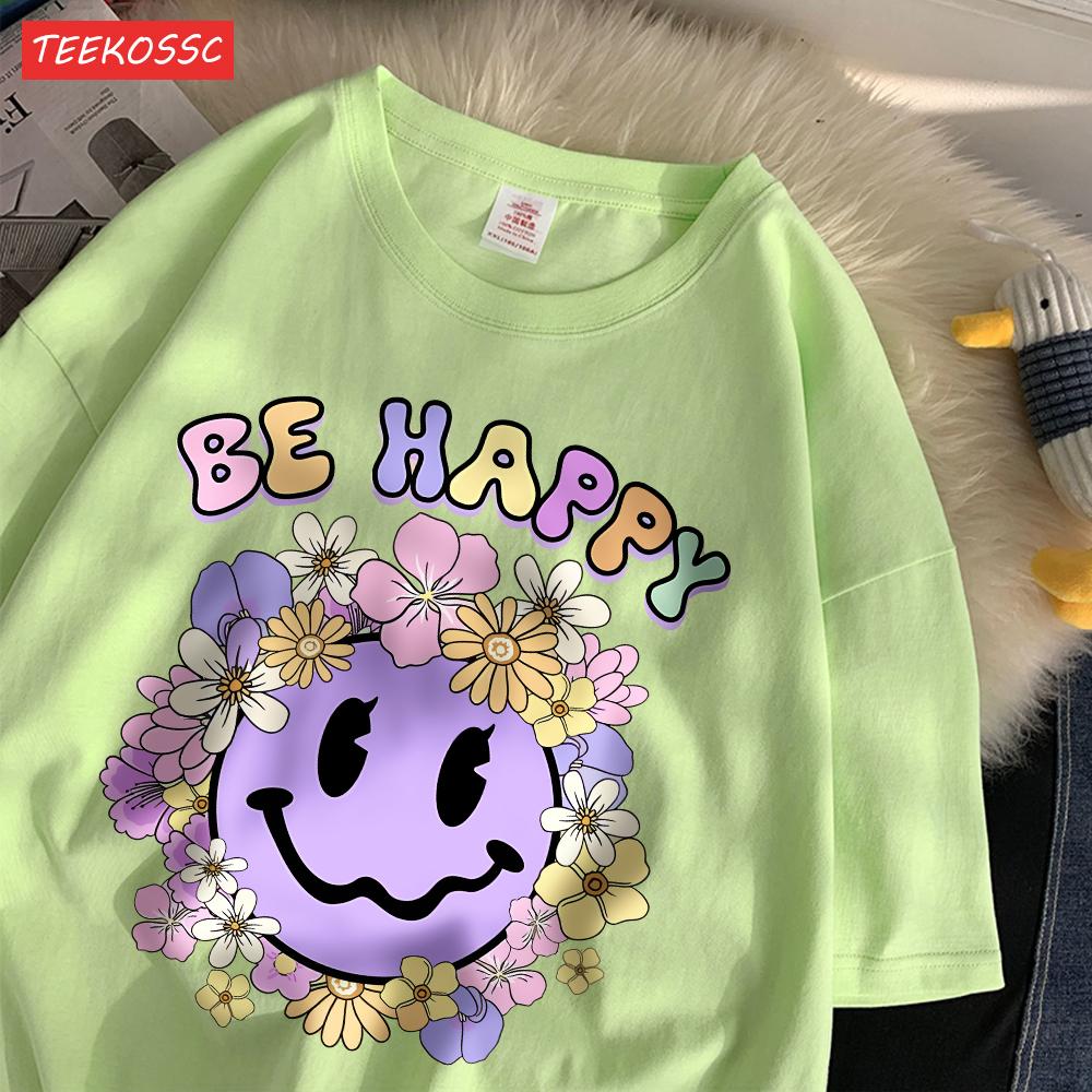 Street Cotton Womans T-Shirts Be Happy Face Cartoons Printing Short Sleeve O-Neck Breathable Loose Tops Trend Female Clothes