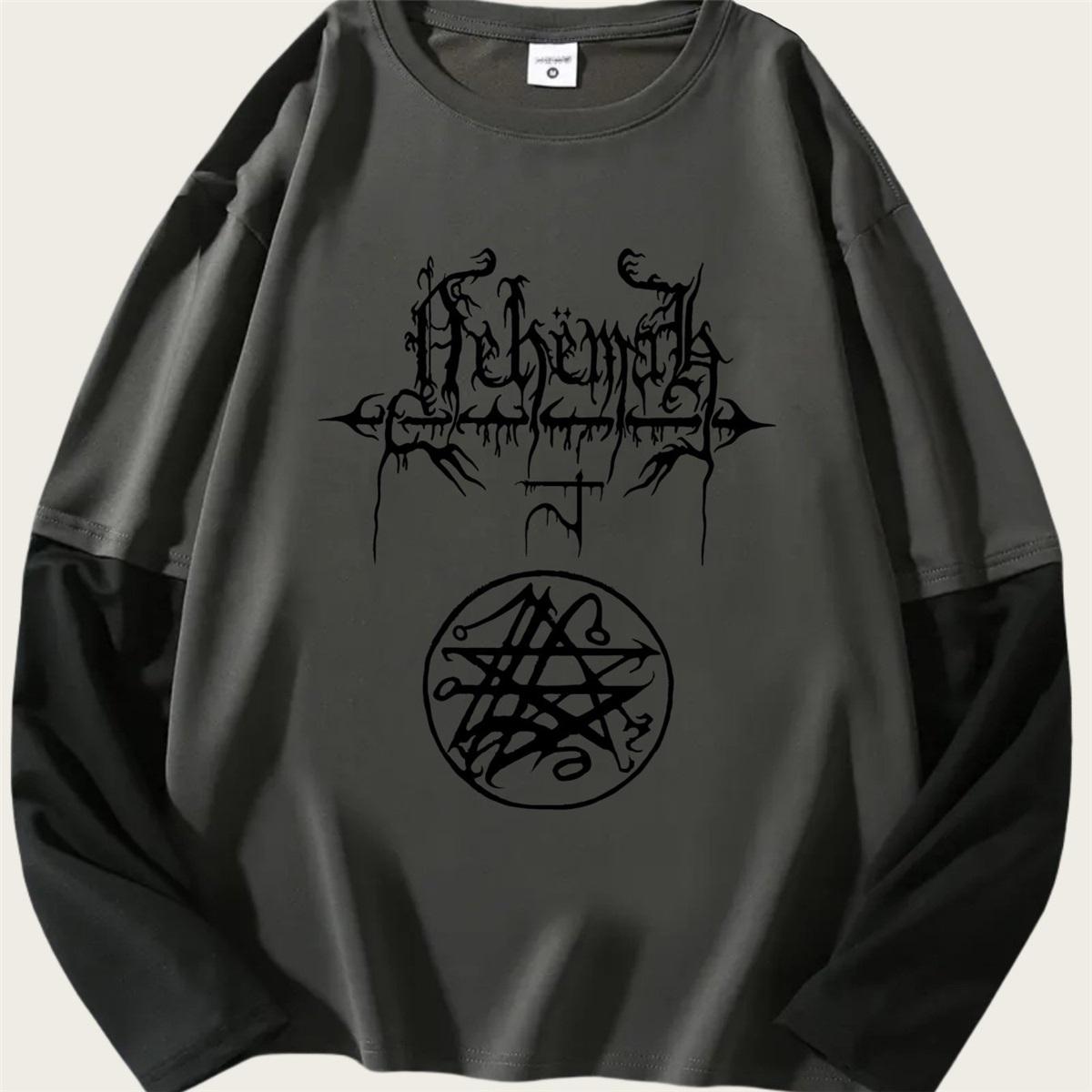 

Men S Loose-Fitting Casual Long-Sleeve Round-Neck T-Shirt with Gothic Print Design, Style J1312, Perfect for Versatile Fashion XXL сірий колір