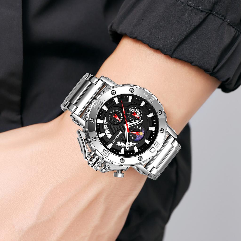 Luxury Quartz Waterproof Watches Multifunction Date Display Watch for Men Luminous Hands Stainless Steel