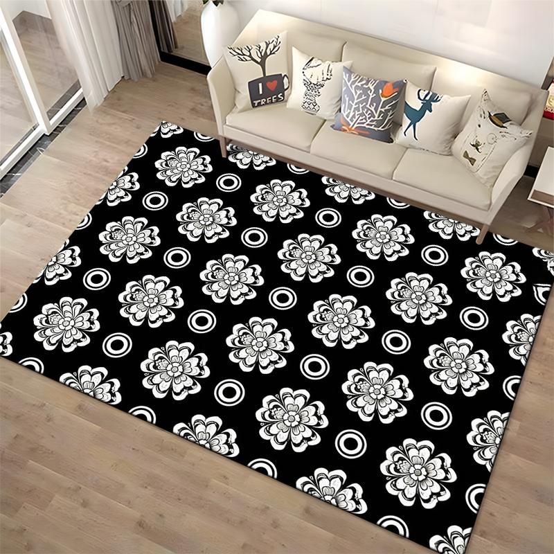 Black and White Floral Pattern Carpet, Modern Home Decor Rug Suitable for use as an anti-slip for living room bedroom sofas