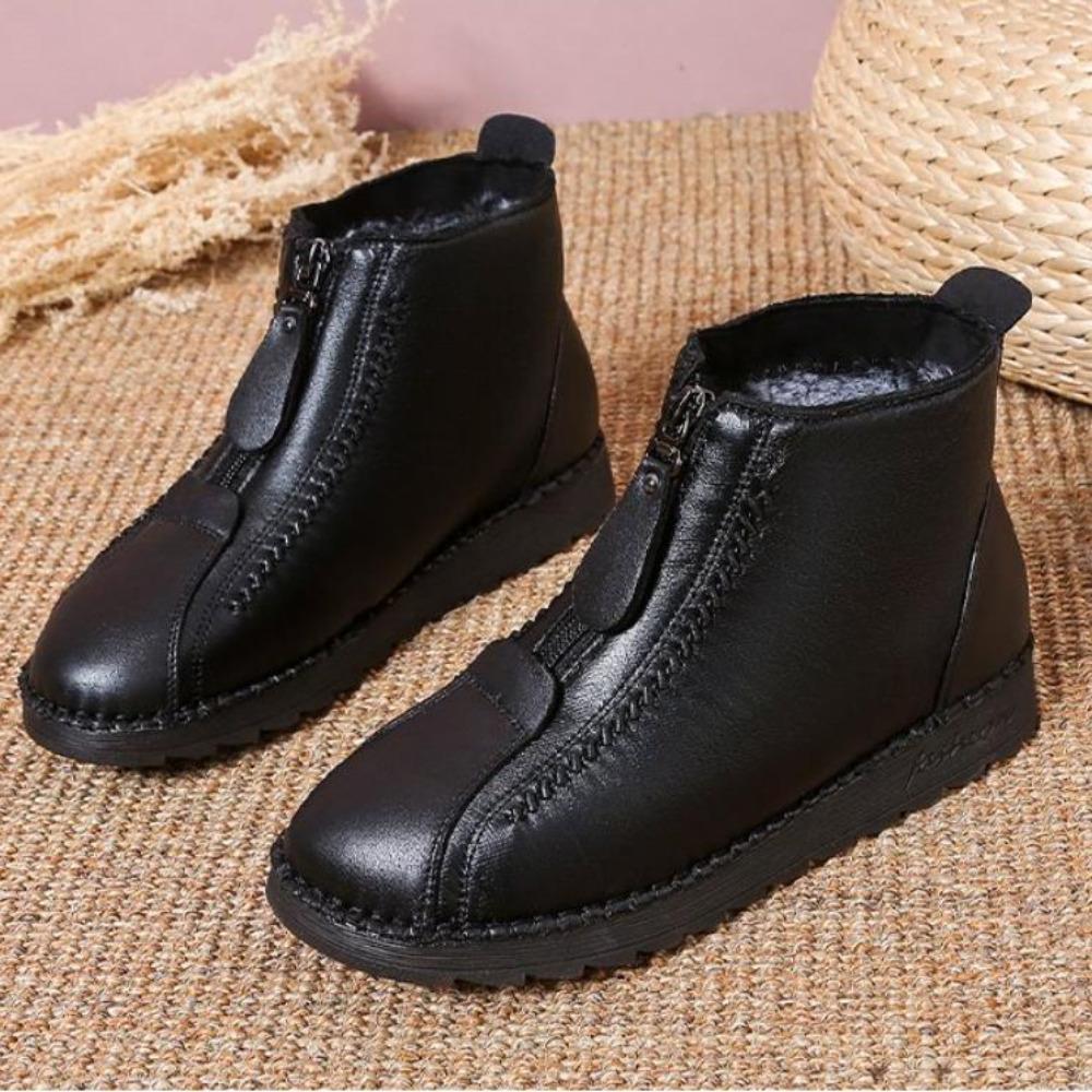 Winter Women Ankle Boots Fashion Warm Mother's Boots Flat-Bottom Comfortable Non Slip Front Zipper Closure Female Footwear