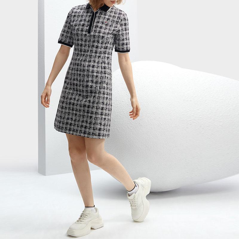 FILA SS24 Houndstooth Polo Neck Woven Casual Fashion Dress Women Dresses Legendary-Blue F11W411302F-NV