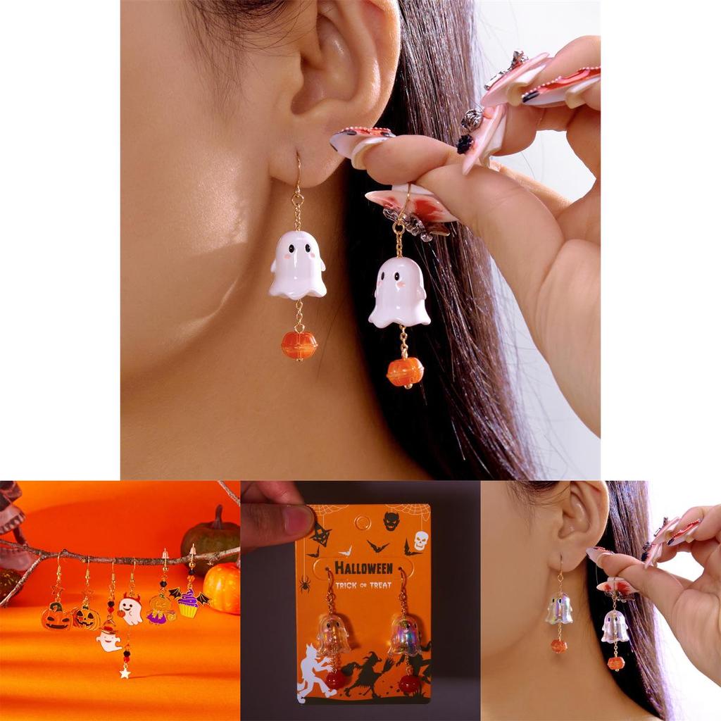 Spooky Ghost And Pumpkin Pendant Earrings With Electroplated Finish For Halloween