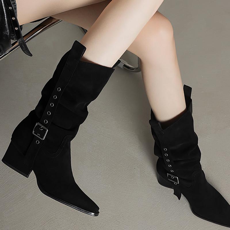 Fashion Autumn Pointed Toe Women Western Cowboy Boots Fashion Banquet Party Square Heels Knight Booties Shoes