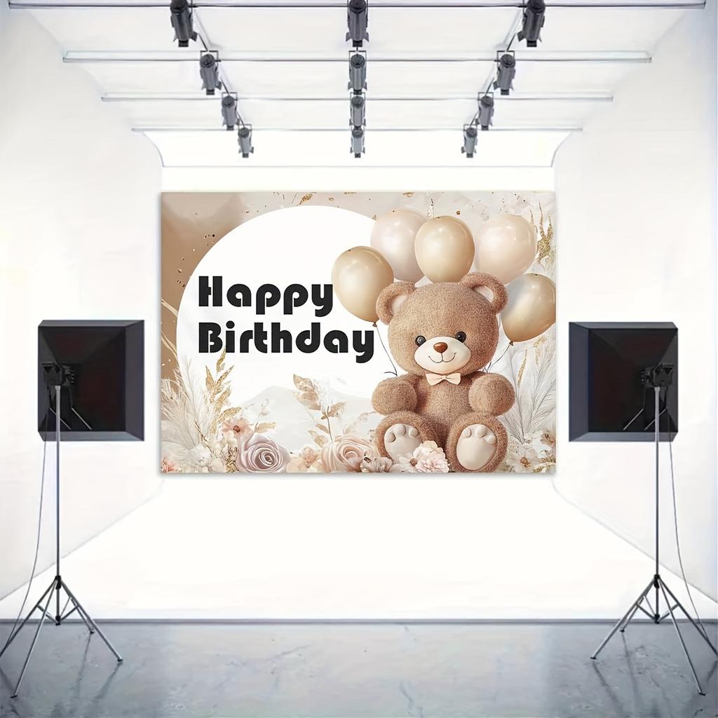 2D Flat 1 Warm Teddy Bear Birthday Theme Pattern Backdrop Cloth for Photo Party Supplies Photo Booth Posters Birthday Party