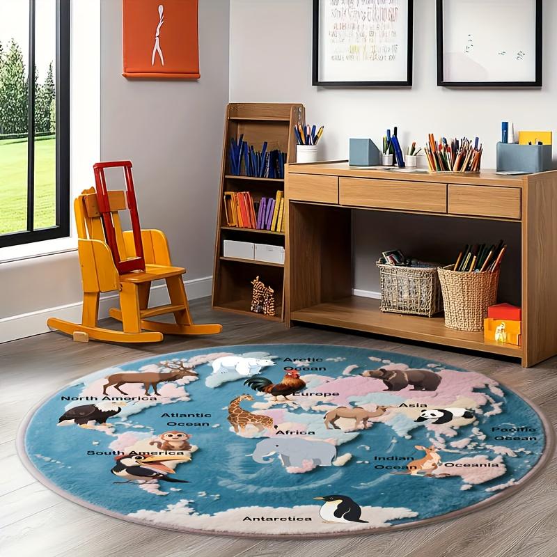 Weltkarte mit Tieren Pädagogischer runder Teppich für das Kinderzimmer Lustiges Lernwerkzeug Bunte und ansprechende Bodenmatte