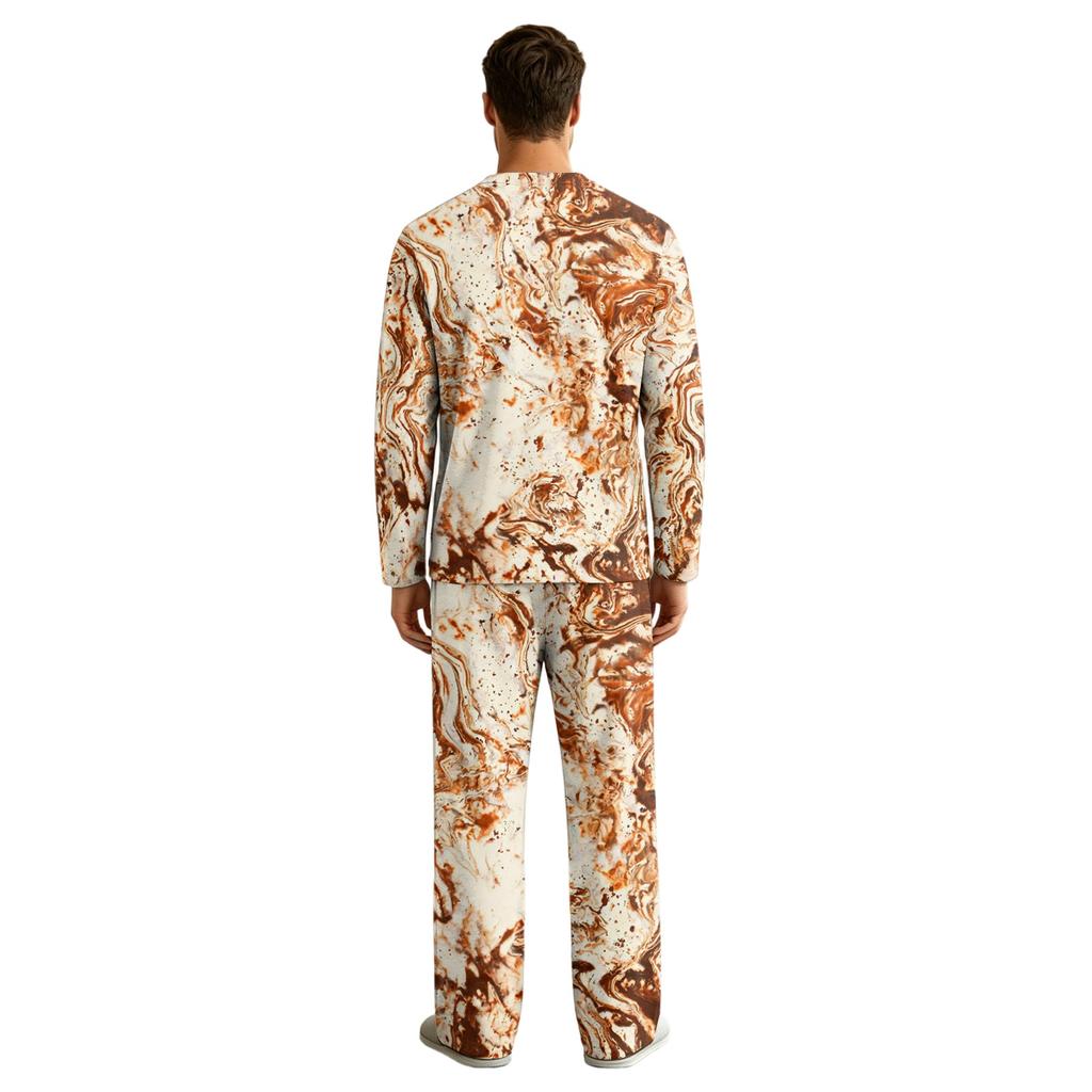 Men's Pajama Set Long Sleeve Top and Long Pants with Button Crotch and Elastic Drawstring Waist for Home Loungewear