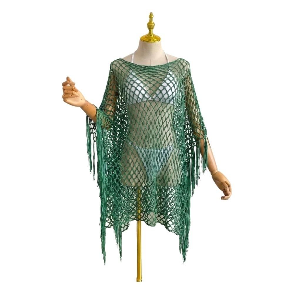 Tassel Sunscreen Cover-up Loose Fit Knit Hollow Out Top Fashion Fishnet Swimsuit Cover Up  Vacation
