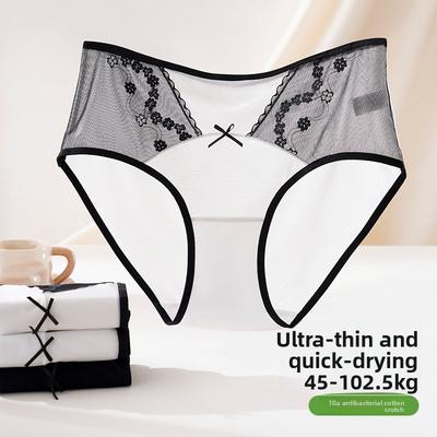 Plus Size Ladies Summer Ultra Thin Ice Silk Lace Sexy Pure Cotton Extended Crotch Triangle Briefs