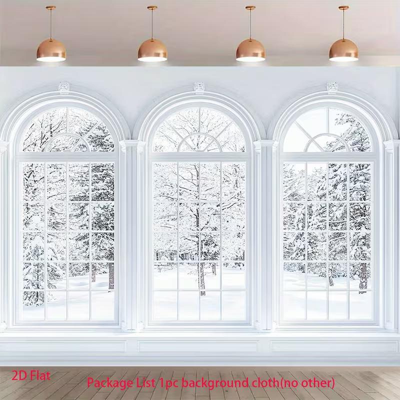 2D Bright Snowy Forest Scene Backdrop, Triple Arched Windows View Photography Background