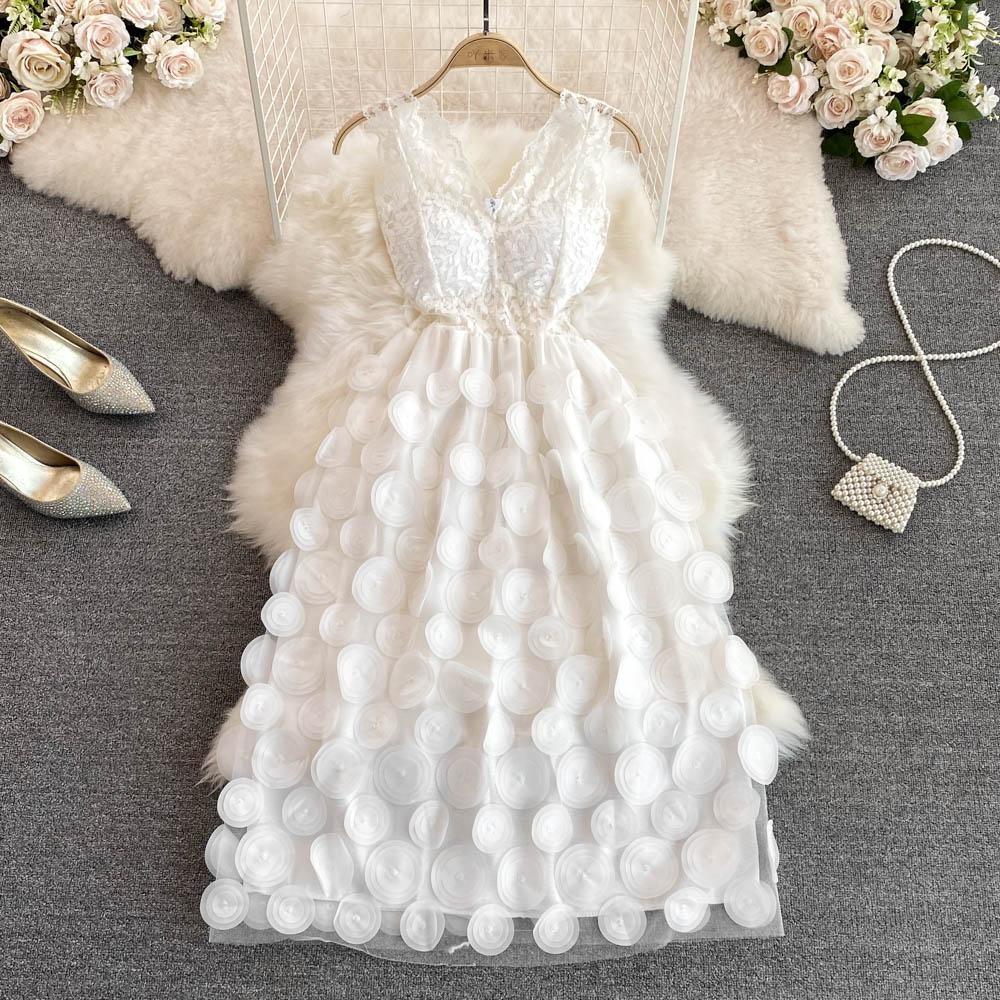 

RUGOD 2022 летнее корейское модное платье с v-образным вырезом и открытой спиной, без рукавов, с высокой талией, тонкое кружевное платье с объемным цветочным узором в форме буквы А-слово