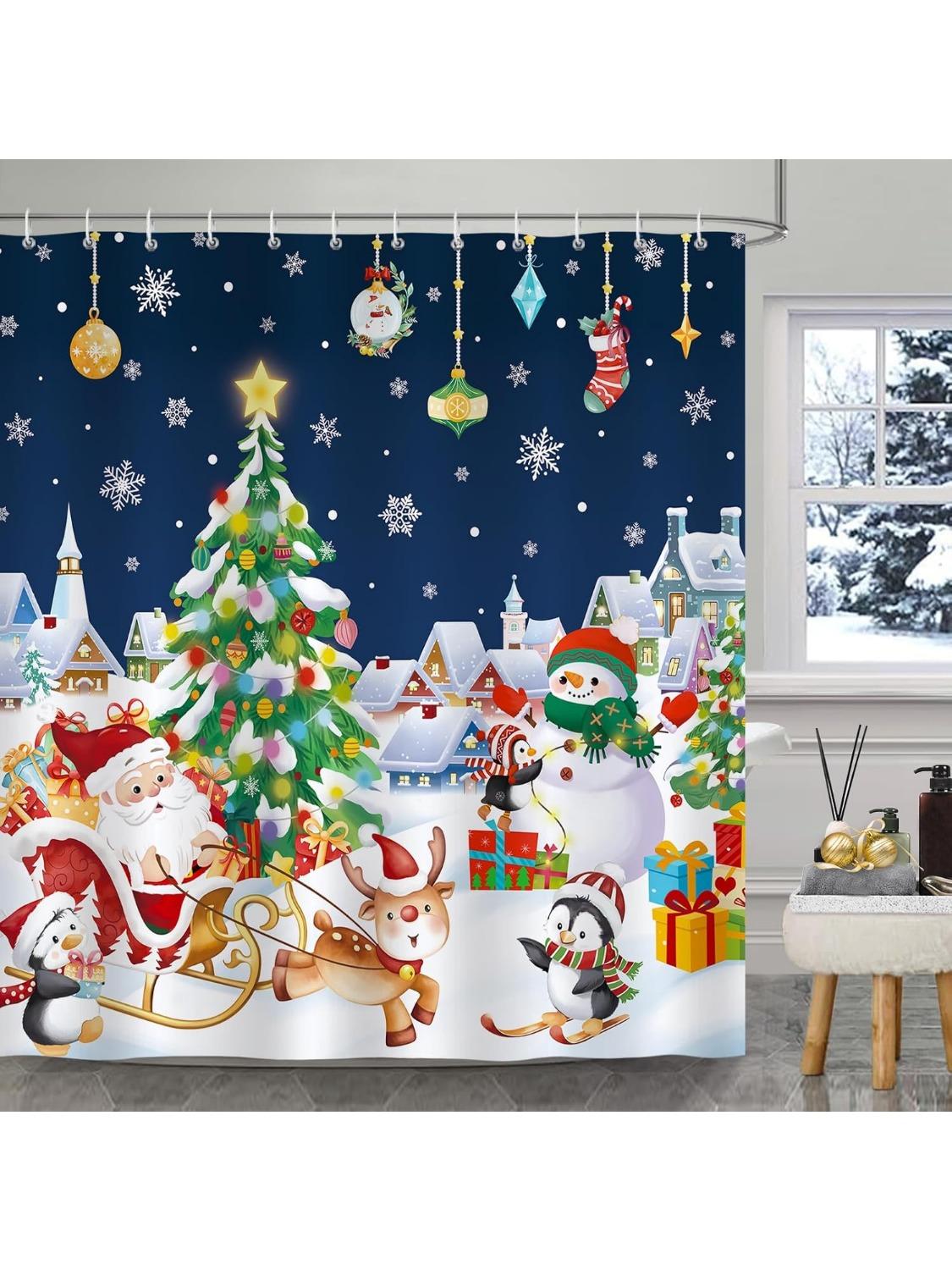 

Christmas Shower Curtain, Cute Santa Claus Reindeer Penguin Snowman Winter Bathroom Decor for Kids 72 x 72 Inch Polyester Fabric 90x180CM