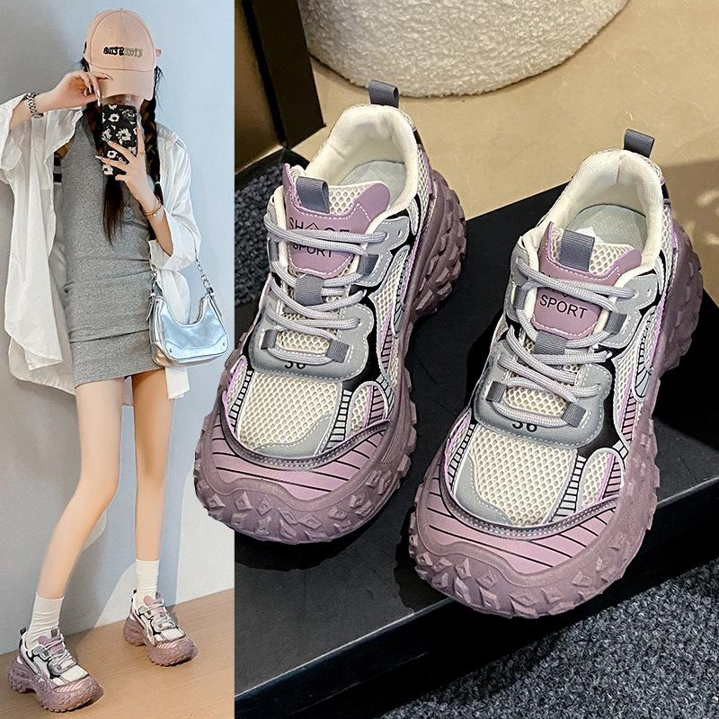 Thick-soled Heightening Dad Shoes Women's Versatile Casual Shoes 2025 New Spring and Autumn European Mesh Breathable Sports Shoes