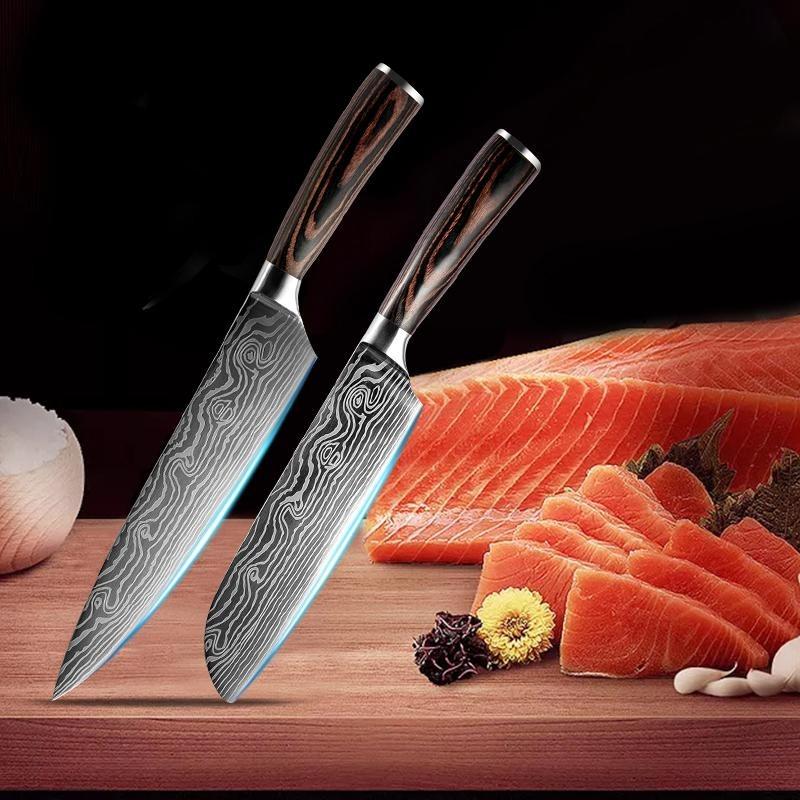 5Pcs Damascus Chef Knife Wood Handle Damascus Kitchen Knife Santoku Slicing Chef Paring Utility