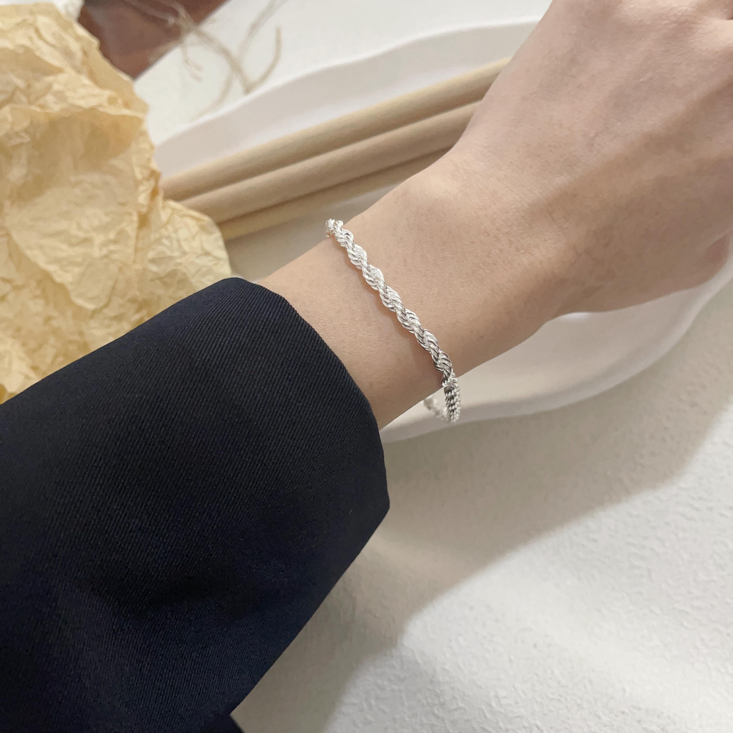 

100% Solid 925 Sterling Silver Metal Bracelet for Women Vintage Handmade Simple Chain Bracelet Birthday ChristmasGift