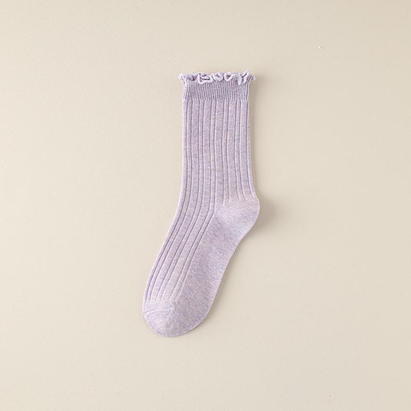 Boneless Socks, Women's Summer Breathable Cotton Socks, Solid Color Mid-calf Socks, Black Fungus Lace, Spring and Autumn Pile Socks