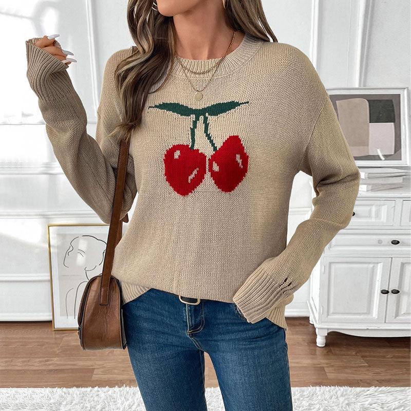 Autumn and Winter Women's Round Neck Cherry Pullover Sweater Valentine's Day Christmas Knit Sweater