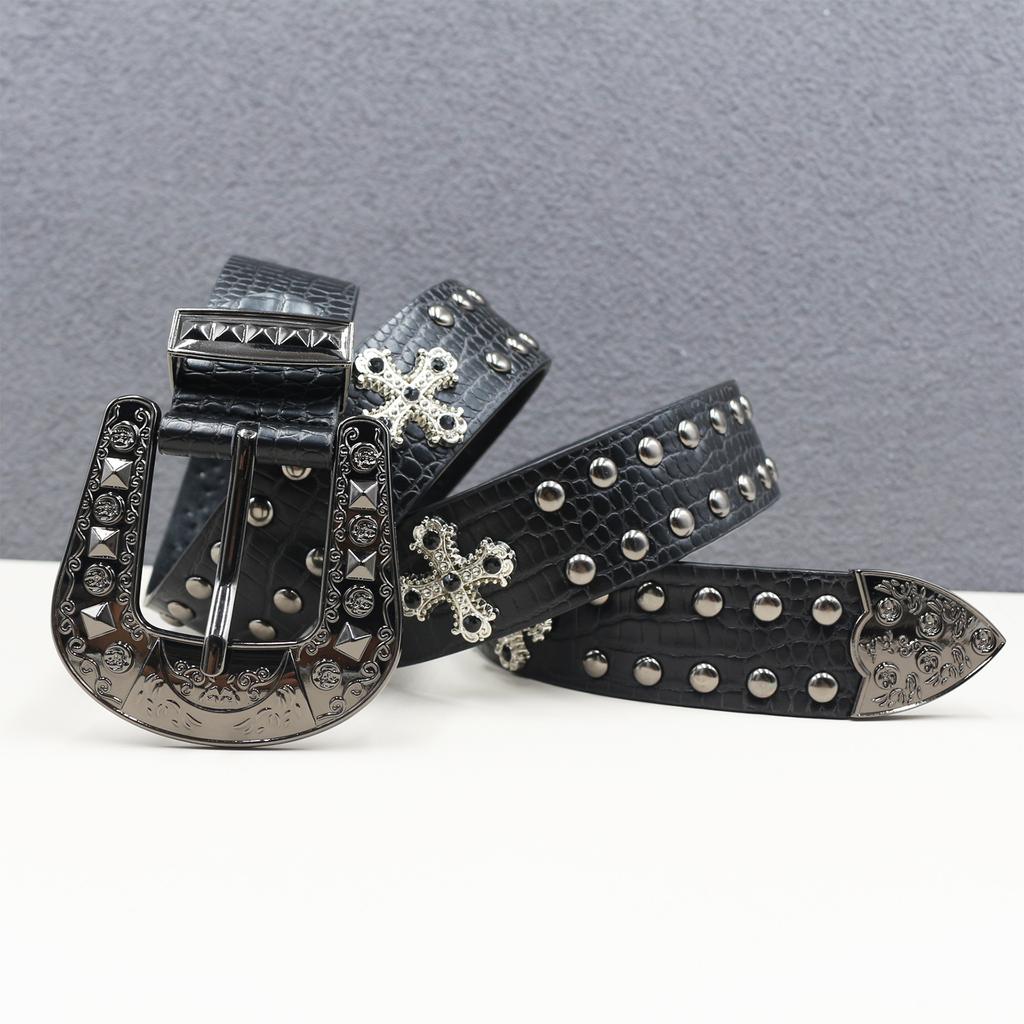 Rivet Belt Decorative Cross Niche Retro Versatile Wide Belt Punk Hot Girl Pin Buckle Western Denim
