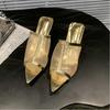 Fashion Transparent Silk Gauze Mule Slides Woman Bling Lace Mesh Pointed Toe High Heel Slipper Sandals Ladies Evening Party Pump Shoes
