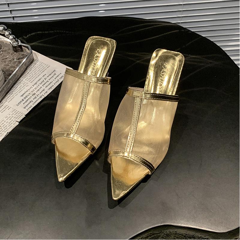 Fashion Transparent Silk Gauze Mule Slides Woman Bling Lace Mesh Pointed Toe High Heel Slipper Sandals Ladies Evening Party Pump Shoes