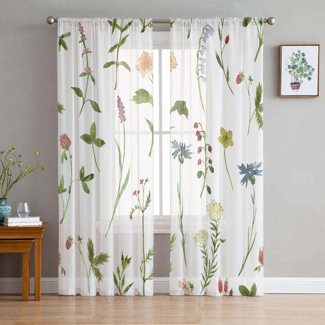 Herbal Flowers Spring Floral Sheer Voile Curtains For Living Room Bedroom Kitchen Festival Decor Chiffon Tulle Window Curtains