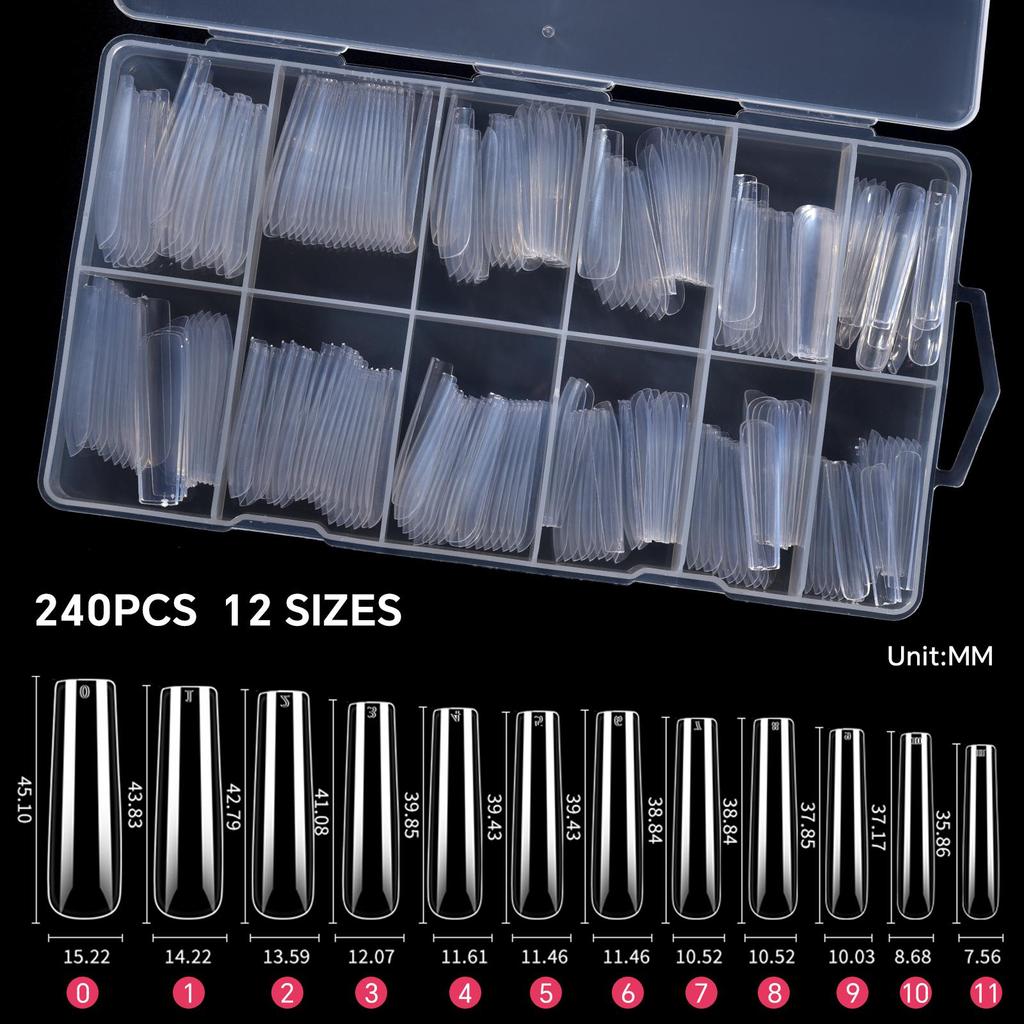 240PCS/Box False Nail Tips Square Straight Extra Long Half Cover Nails Clear/Natural Acrylic Fake Nails Extension Manicure Salon