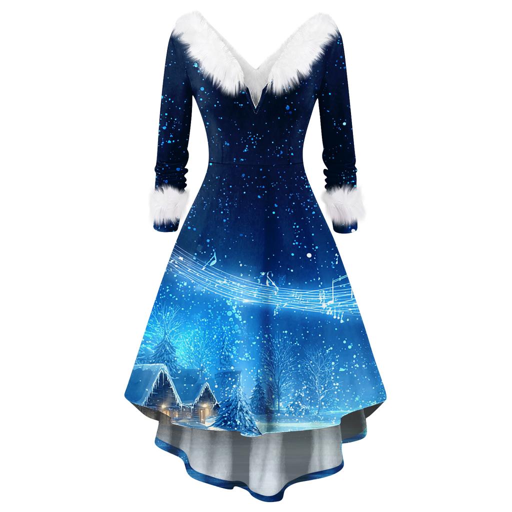 Damen Modisches Lässiges Figurbetontes Weihnachtsdruck Party Langarmkleid