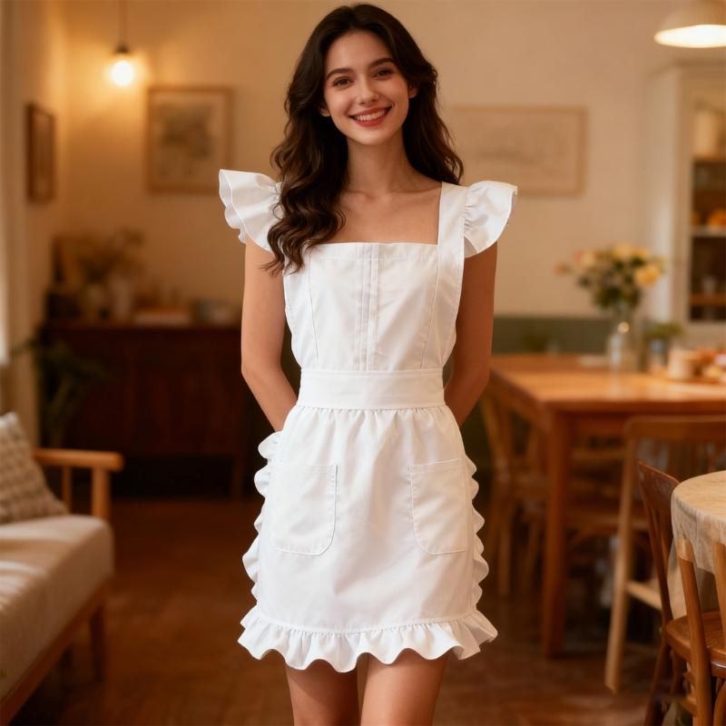 Maid Style Apron with Delicate Ruffle Edging Breathable Polyester Maid Costume Apron for Role Play and Daily Chores