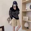 Autumn and winter new lazy style versatile knitted sweater half zipper lapel loose and thin striped sweater women