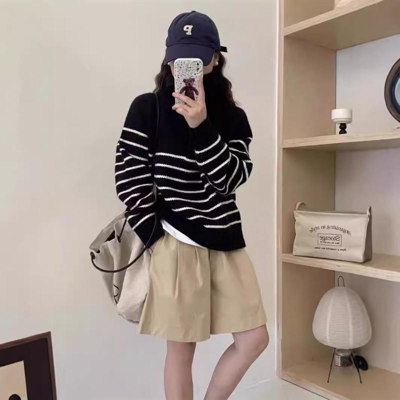 Autumn and winter new lazy style versatile knitted sweater half zipper lapel loose and thin striped sweater women