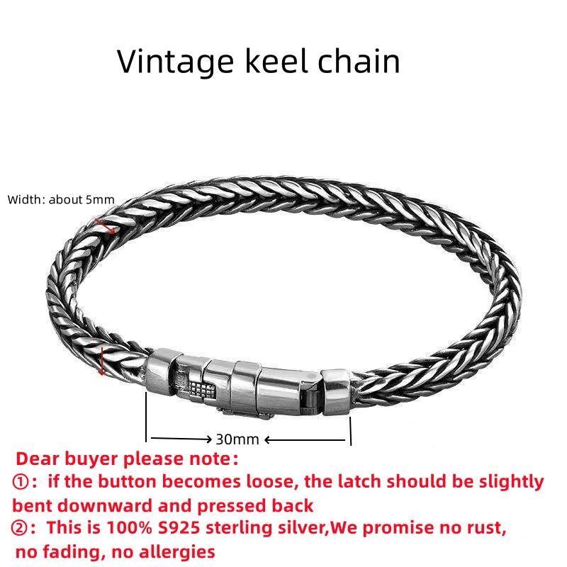 100% S925 Silver Handmade Woven Retro Domineering Style Personality Keel Man Woman Pure S925 Silver Bracelet Jewelry