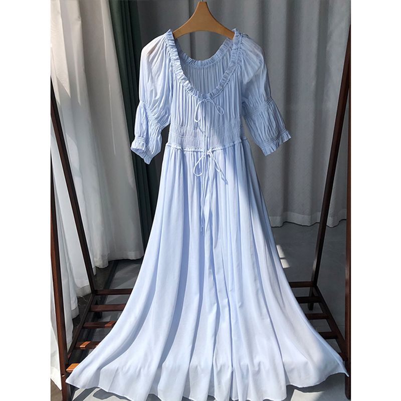 

Beautiful Pastoral Voile Floral Dress! Retro Puff Sleeve Stringy Selvedge Lace-up Cotton Short Sleeve Dress 24 Summer Pure color blue M/38