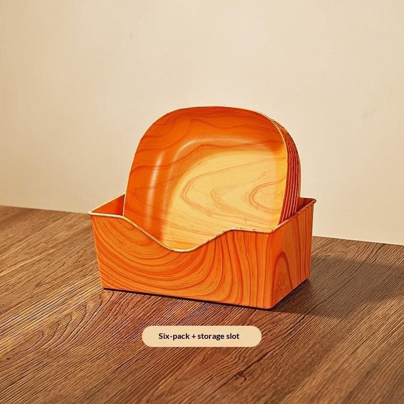 Wood Grain Plastic Serving Plate Eco Friendly Unbreakable with Storage Holder for Kitchen Outdoor Picnic Catering Events