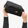 Prada Silver Logo Saffiano Leather Toilet Bag Clutch Unisex Couple Style Black