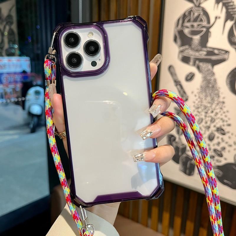 Lanyard Transparent Case For iPhone 15 Pro 14 13 12 11 Pro Max XR X XS Plus Crossbody Cord Four Corners Strap Shockproof Cover