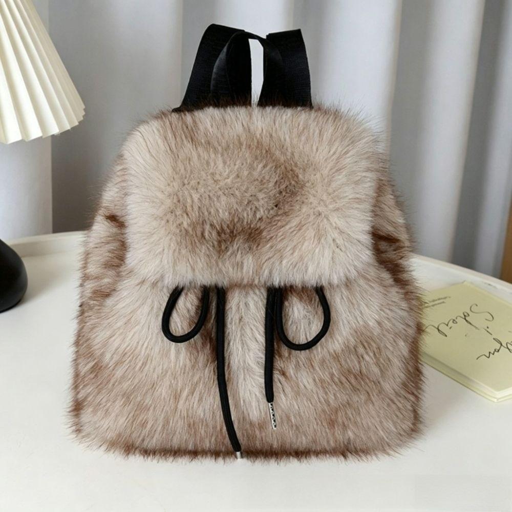 Drawstring Mini Daypack Adjustable Closure Plush Knapsack Y2k Fashion Faux Fur Backpack Travel