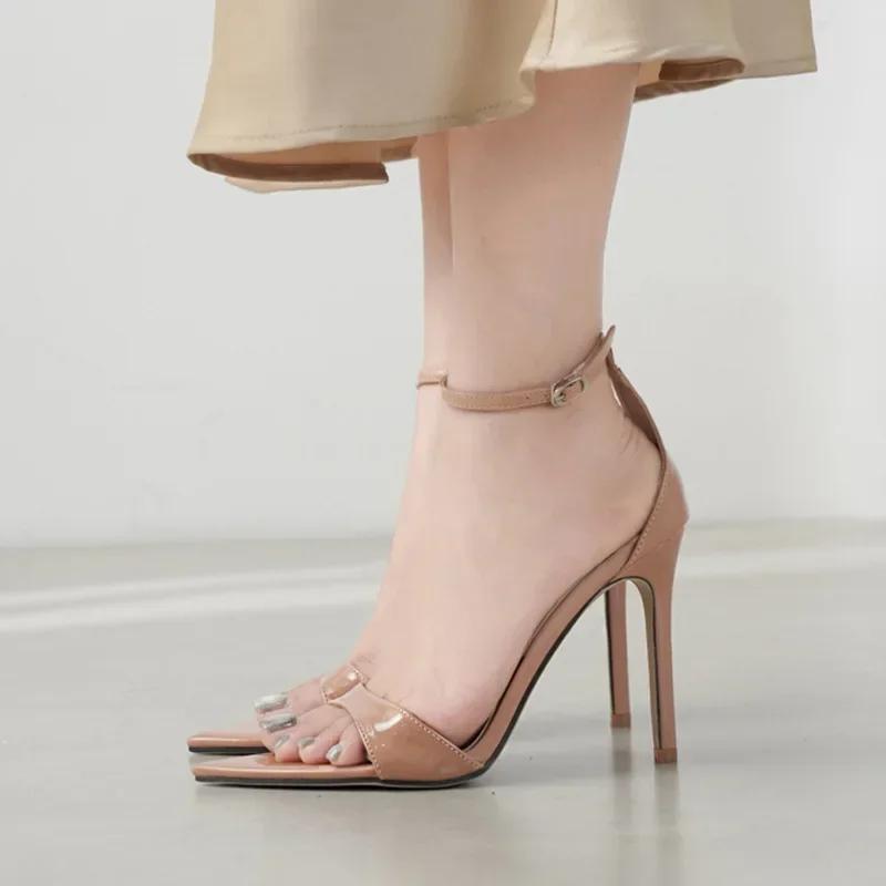 Pointed Patent Leather Sexy Open Toe One-word Buckle Strap Women Sandals Cover Heeled Thin High-heeled Party Shoe Sandalias
