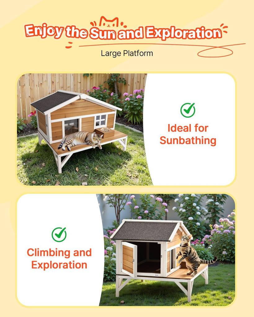 Insulated Cat House, All-Around Foam Insulation Elevated Cat Shelter, Wooden Feral Kitty Shelter with Large Platform, Waterproof Cats Condos for