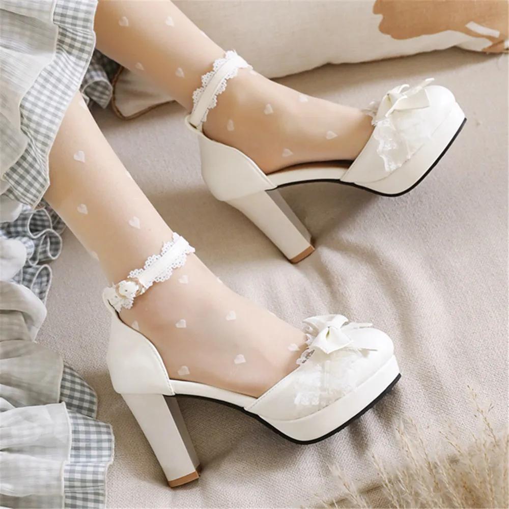 Mode 2025 Frühling Sommer Knöchelriemen Damen High Heels Mary Jane Pumps Party Hochzeit Weiß Rosa Schwarz Schleife Prinzessin Cosplay Lolita Schuhe