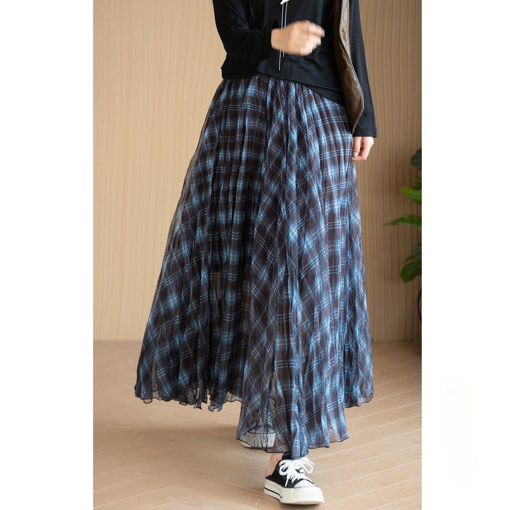 Dimanaf 2025 Autumn Women New Skirts Plaid Loose Elastic Waist Pleated Elegant Long Skirts Red