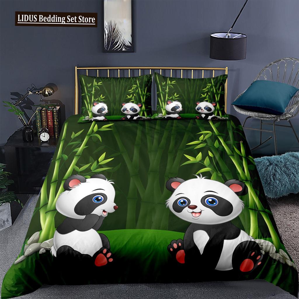 Panda Duvet Cover Set Cartoon Style Cute Kawaii Bear Drawing Comforter Cover For Kids Polyester Bedding Set King Queen Full Size