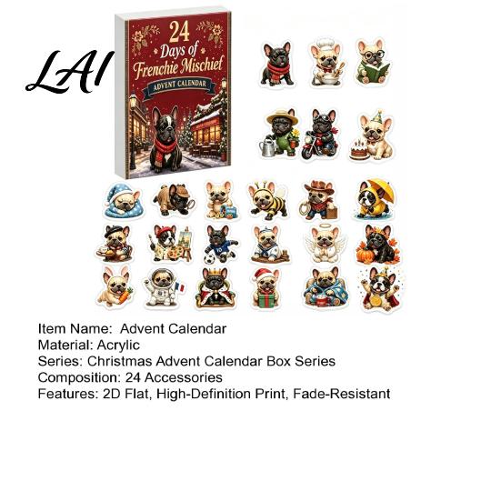 Holiday Party Favors 2D Acrylic French Bulldog Christmas Advent Calendar Surprising Box Ornament Pendants Set Cute Xmas Countdown Hanging Charms for
